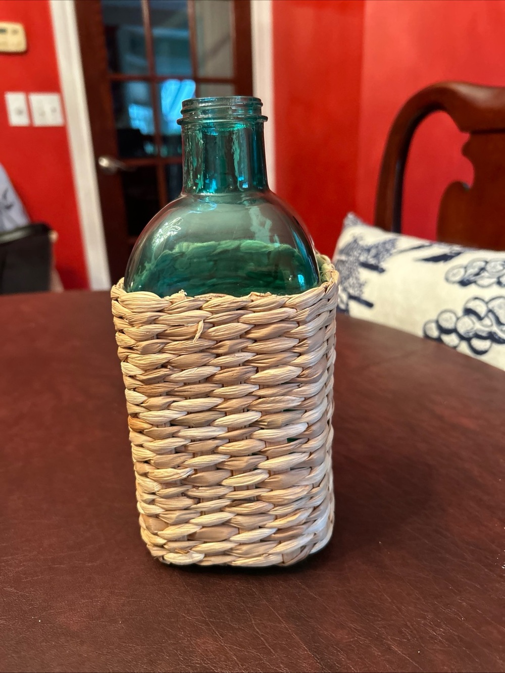 Woven Rattan Bottle Cover with Teal Glass Bottle 9”